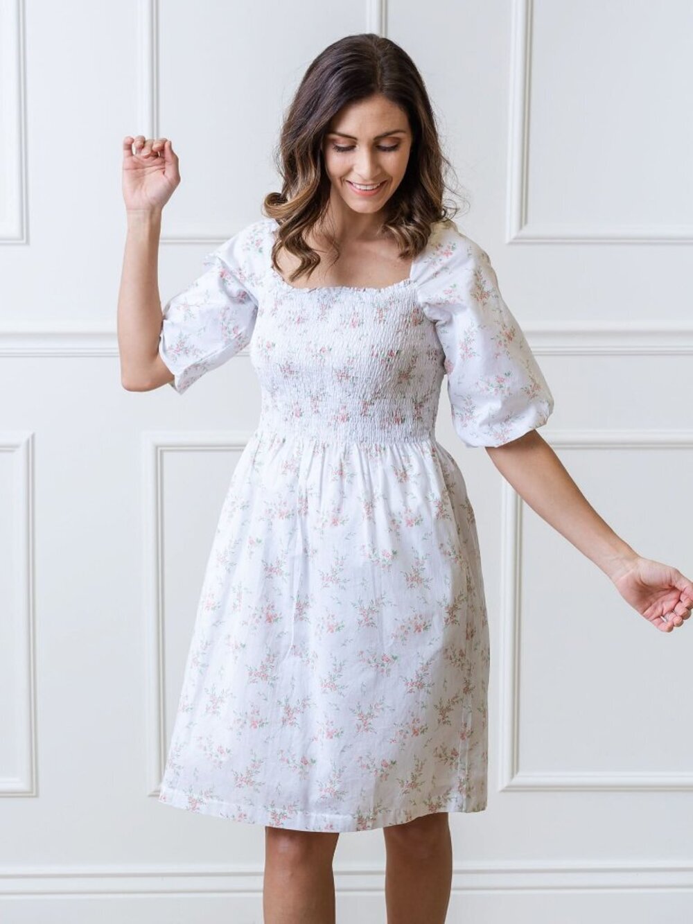 Hope & Henry Smocked Bubble Sleeve Organic Dress - Pink and Green Bouquet Floral